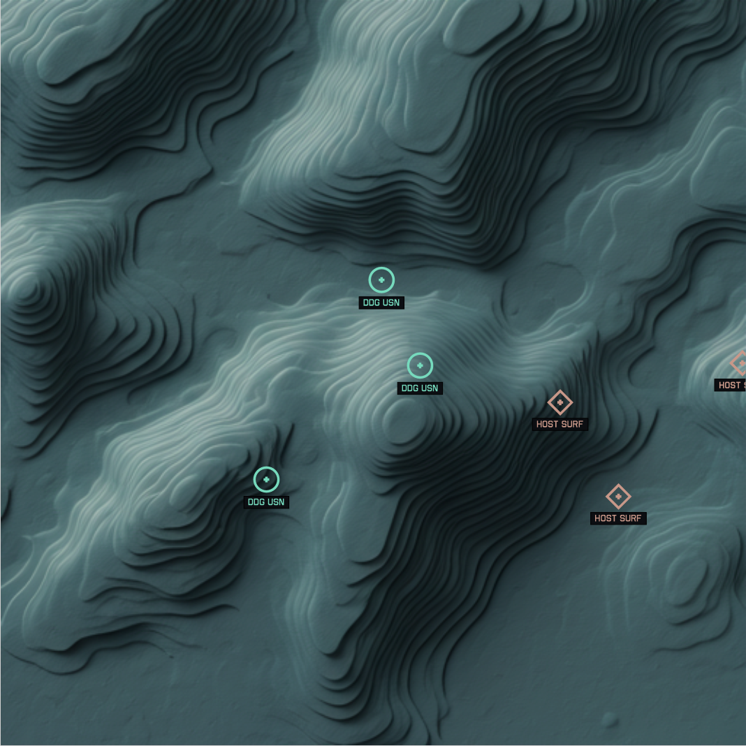 Naval tactical operations display showing DDG USN vessels and surface contacts